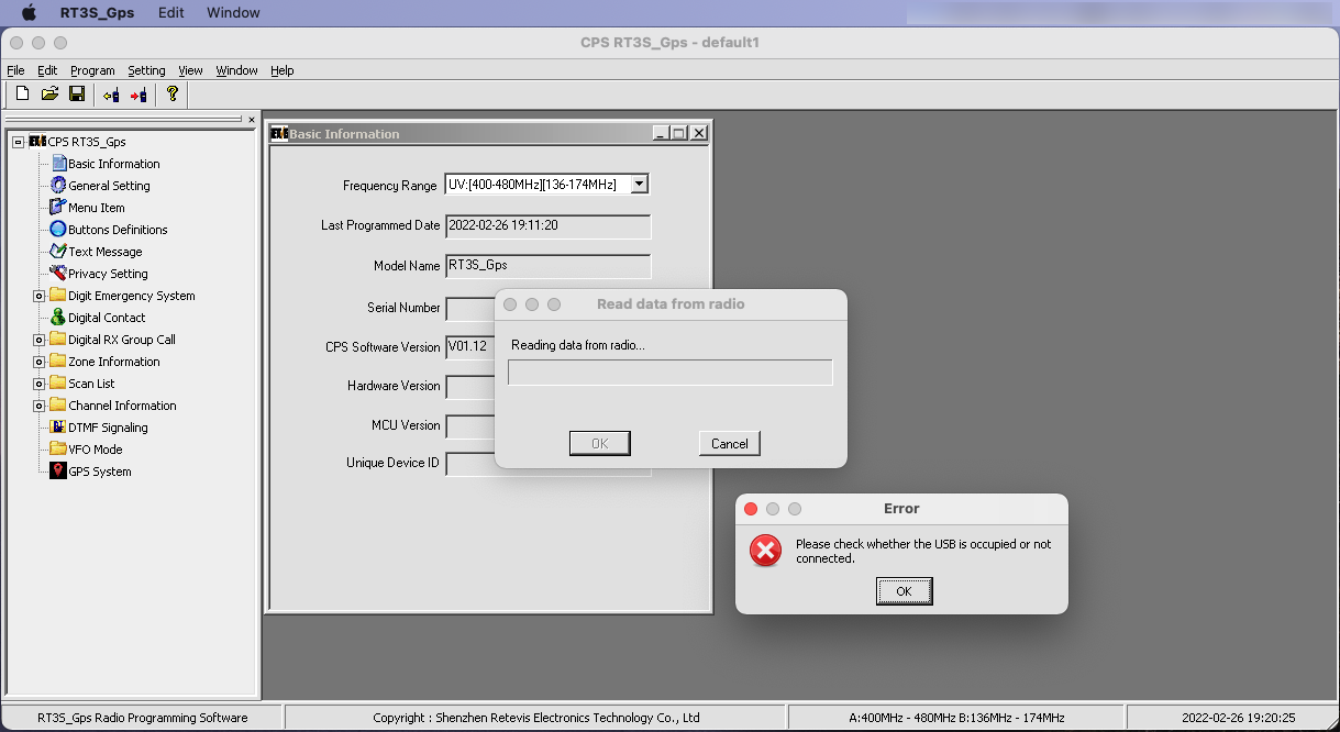 Screen shot showing USB error when running Retevis CPS on macOS with Crossover
