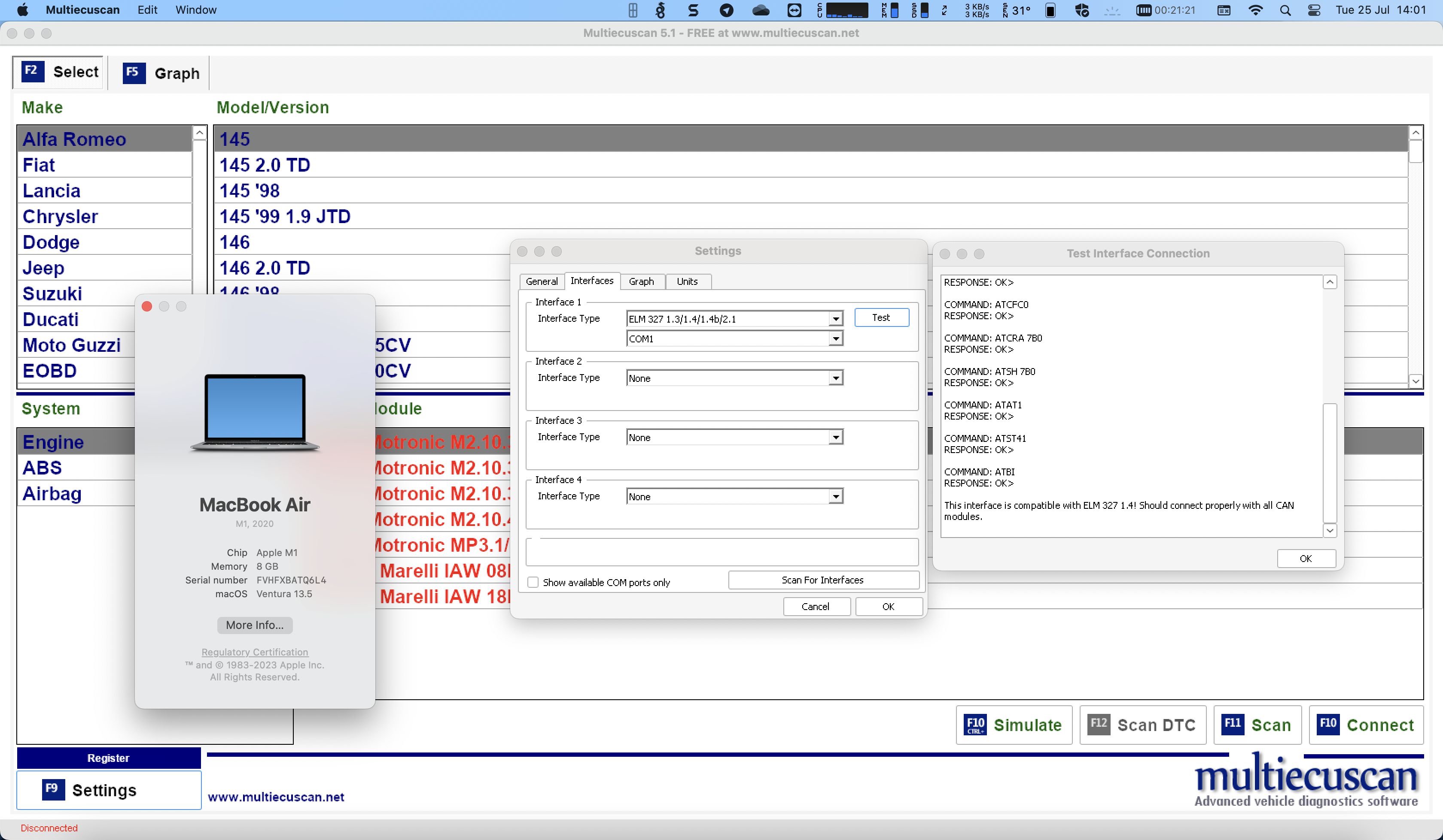 Multiecuscan running on a MacBook using CrossOver on an M1 CPU